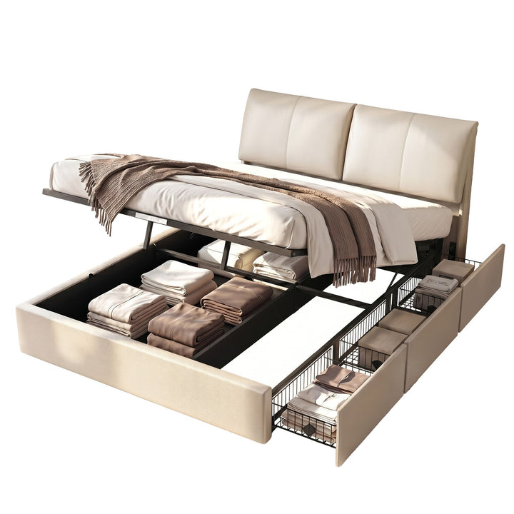 Atlas Queen Bed Frame | Gas Lift Storage, 3 Drawers, 4-Angle Adjustable Headboard, Beige PVC | Greenora Living Australia