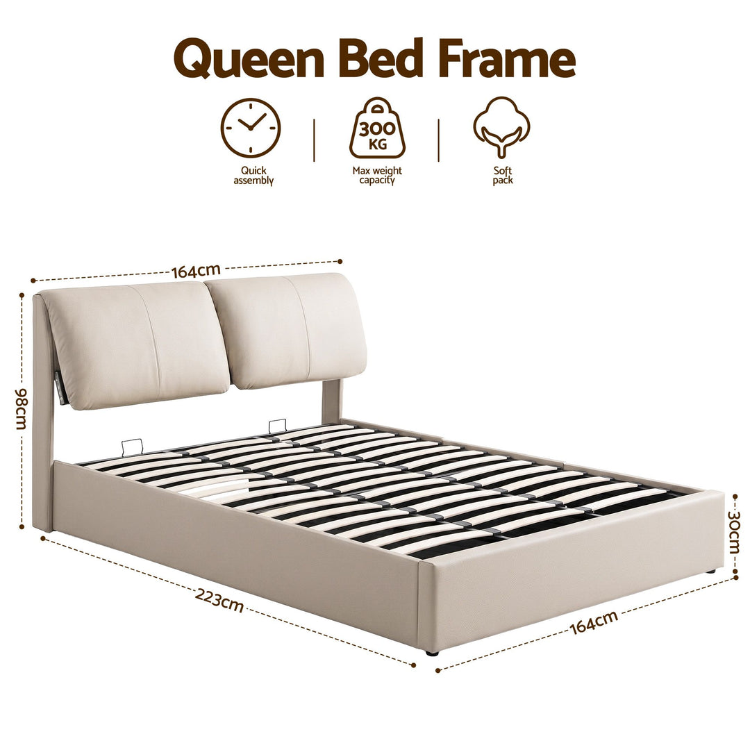 Atlas Queen Bed Frame | Gas Lift Storage, 3 Drawers, 4-Angle Adjustable Headboard, Beige PVC | Greenora Living Australia
