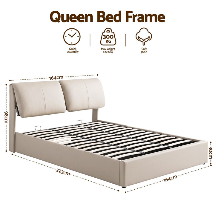 Atlas Queen Bed Frame | Gas Lift Storage, 3 Drawers, 4-Angle Adjustable Headboard, Beige PVC | Greenora Living Australia