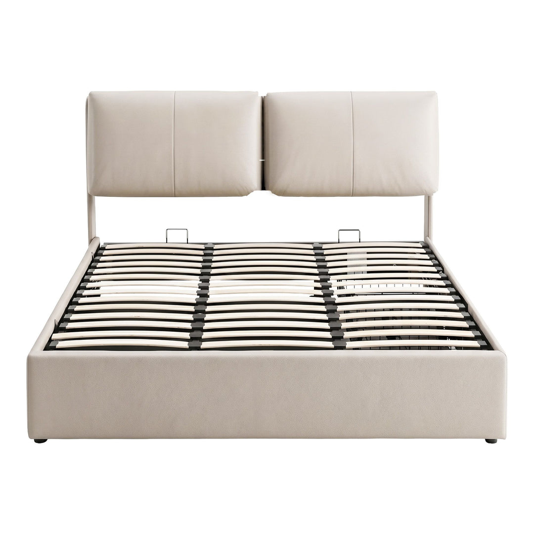 Atlas Queen Bed Frame | Gas Lift Storage, 3 Drawers, 4-Angle Adjustable Headboard, Beige PVC | Greenora Living Australia