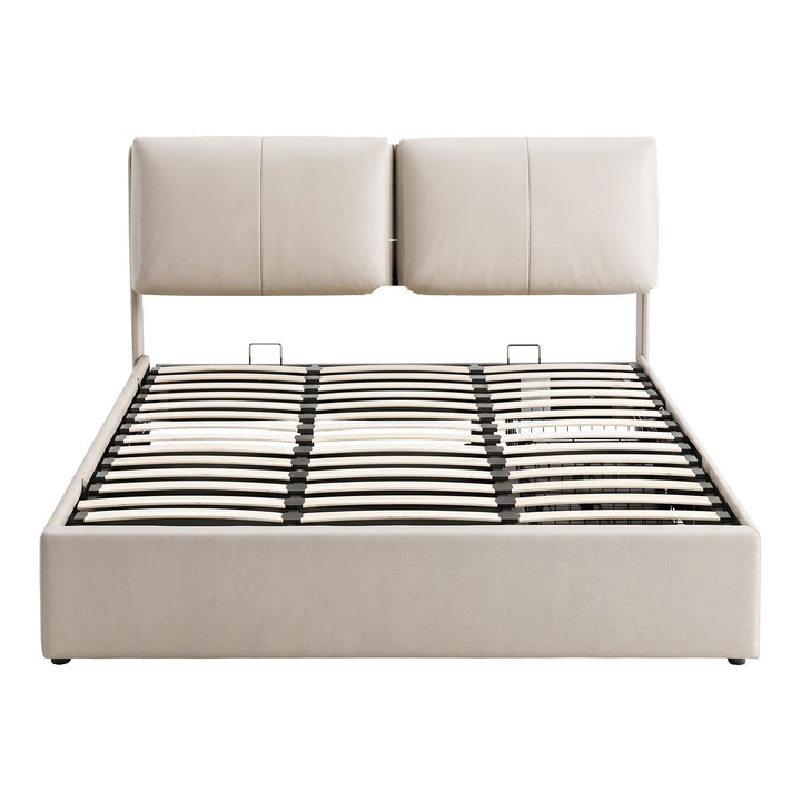 Atlas Queen Bed Frame | Gas Lift Storage, 3 Drawers, 4-Angle Adjustable Headboard, Beige PVC | Greenora Living Australia