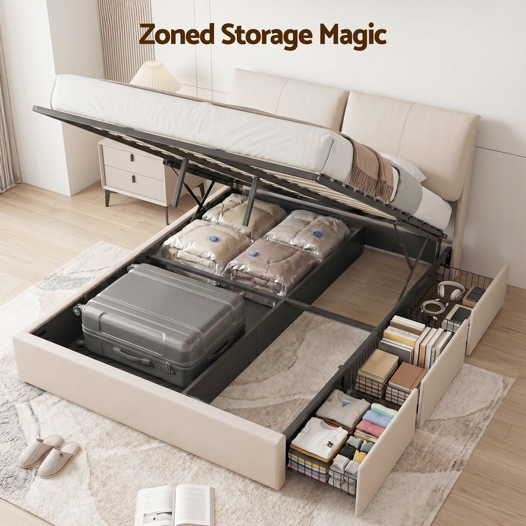 Atlas Queen Bed Frame | Gas Lift Storage, 3 Drawers, 4-Angle Adjustable Headboard, Beige PVC | Greenora Living Australia