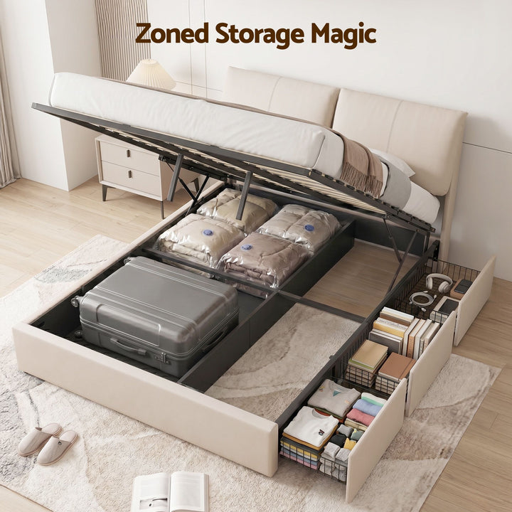 Atlas Queen Bed Frame | Gas Lift Storage, 3 Drawers, 4-Angle Adjustable Headboard, Beige PVC | Greenora Living Australia