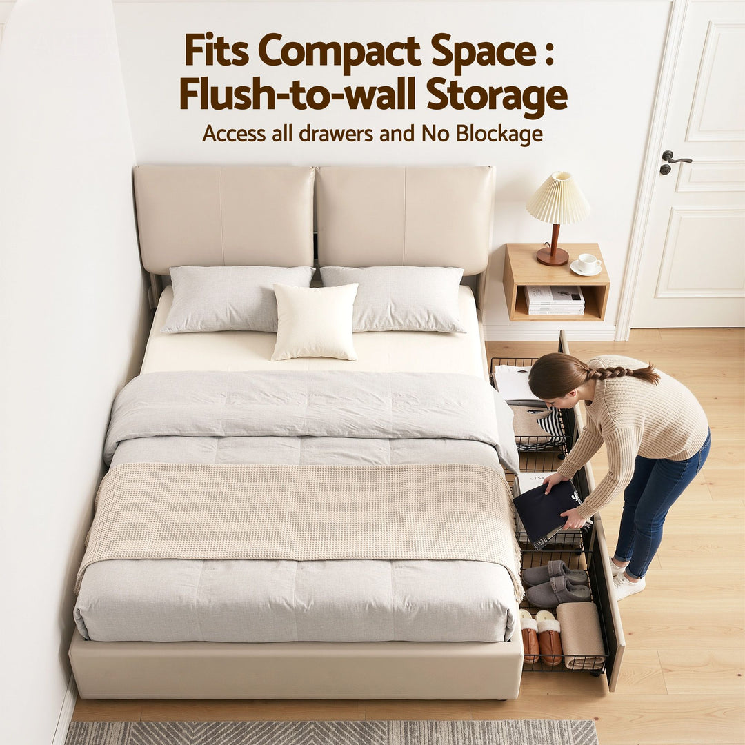 Atlas Queen Bed Frame | Gas Lift Storage, 3 Drawers, 4-Angle Adjustable Headboard, Beige PVC | Greenora Living Australia