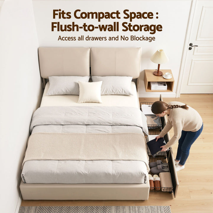 Atlas Queen Bed Frame | Gas Lift Storage, 3 Drawers, 4-Angle Adjustable Headboard, Beige PVC | Greenora Living Australia