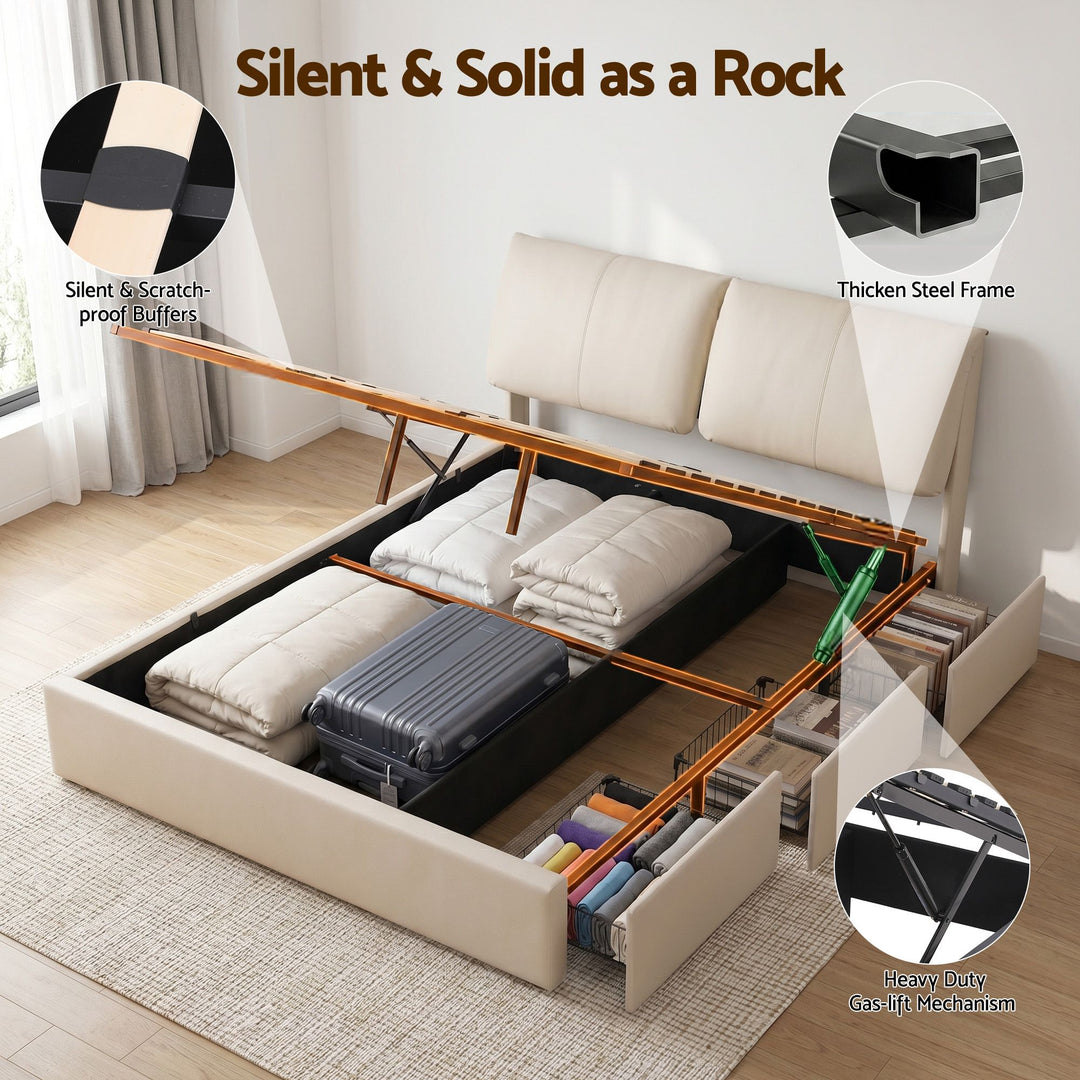 Atlas Queen Bed Frame | Gas Lift Storage, 3 Drawers, 4-Angle Adjustable Headboard, Beige PVC | Greenora Living Australia