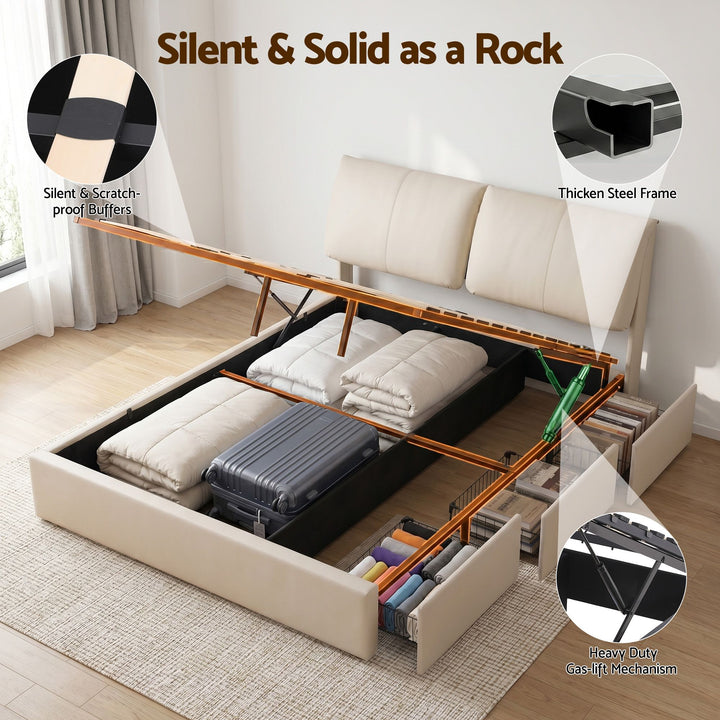 Atlas Queen Bed Frame | Gas Lift Storage, 3 Drawers, 4-Angle Adjustable Headboard, Beige PVC | Greenora Living Australia