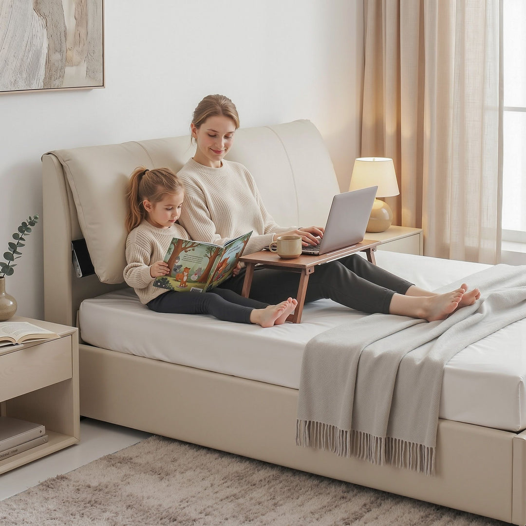 Atlas Queen Bed Frame | Gas Lift Storage, 3 Drawers, 4-Angle Adjustable Headboard, Beige PVC | Greenora Living Australia