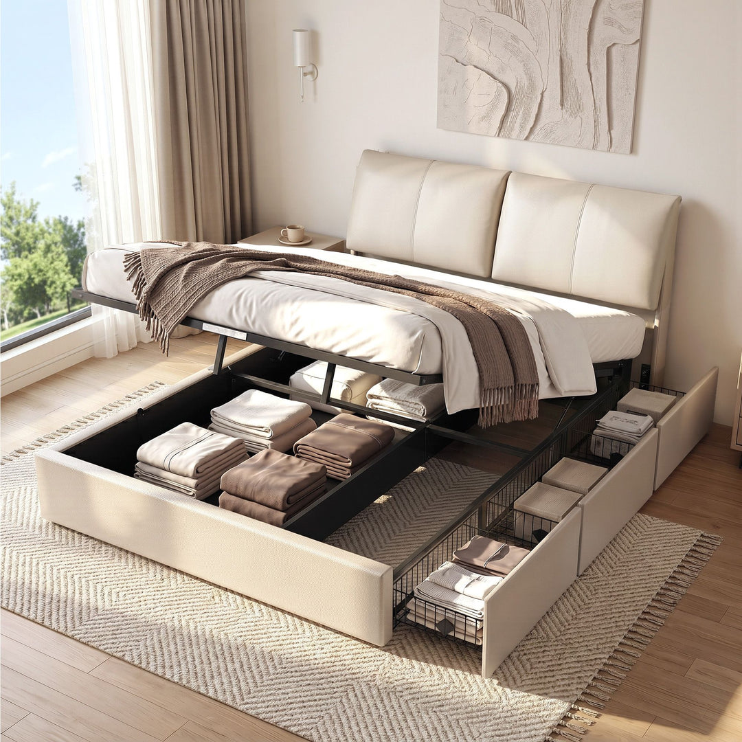 Atlas Queen Bed Frame | Gas Lift Storage, 3 Drawers, 4-Angle Adjustable Headboard, Beige PVC | Greenora Living Australia