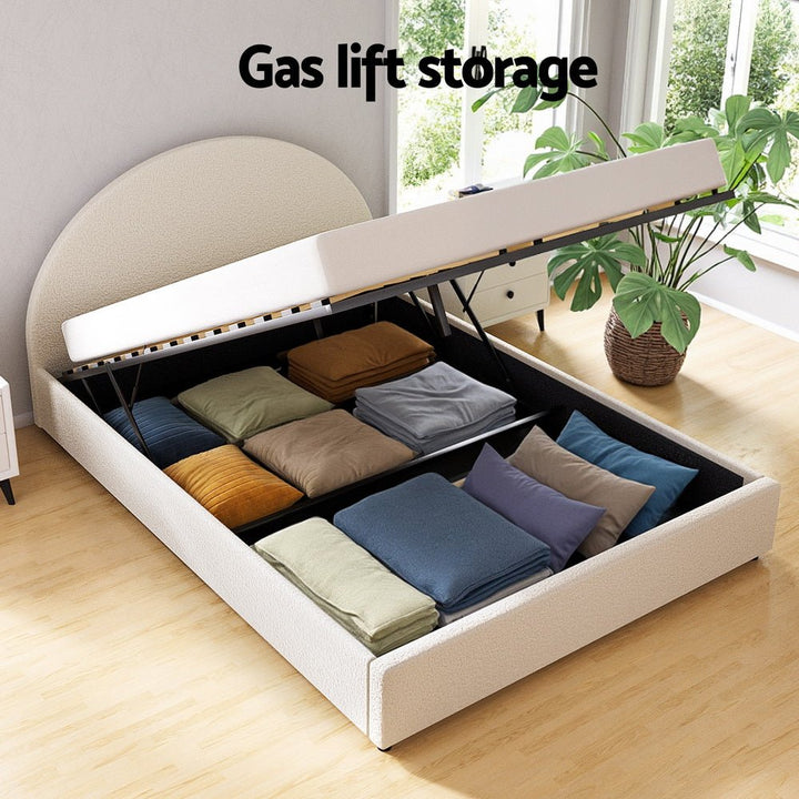 Ella Beige Boucle Double Bed Frame – Gas Lift Storage, Padded Headboard – product view 7
