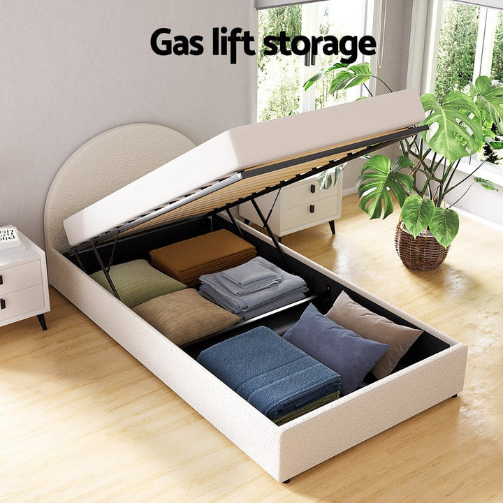 Ella Beige Boucle King Single Bed Frame – Gas Lift Storage, Padded Headboard – product view 7
