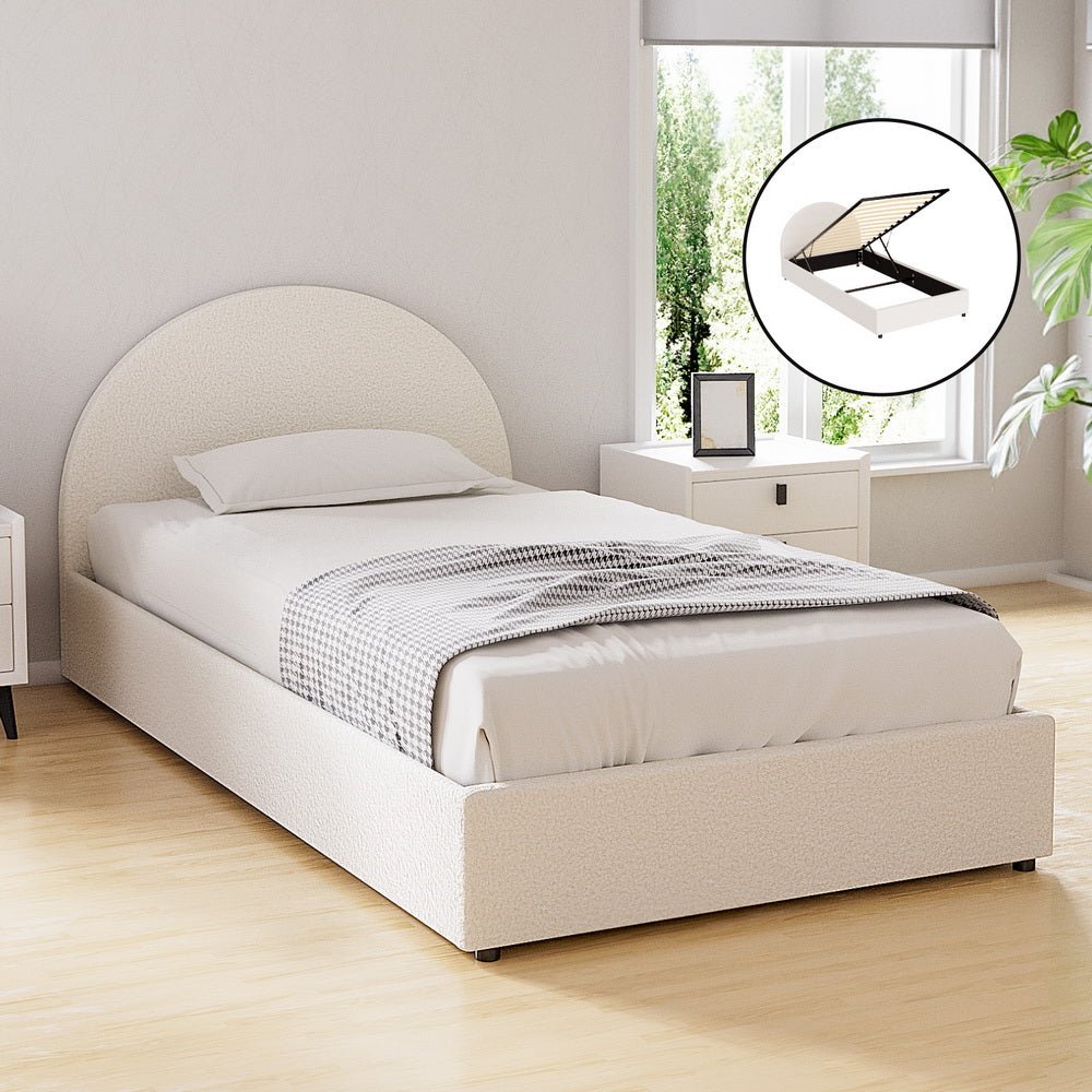 Ella Beige Boucle King Single Bed Frame – Gas Lift Storage, Padded Headboard – product view 2