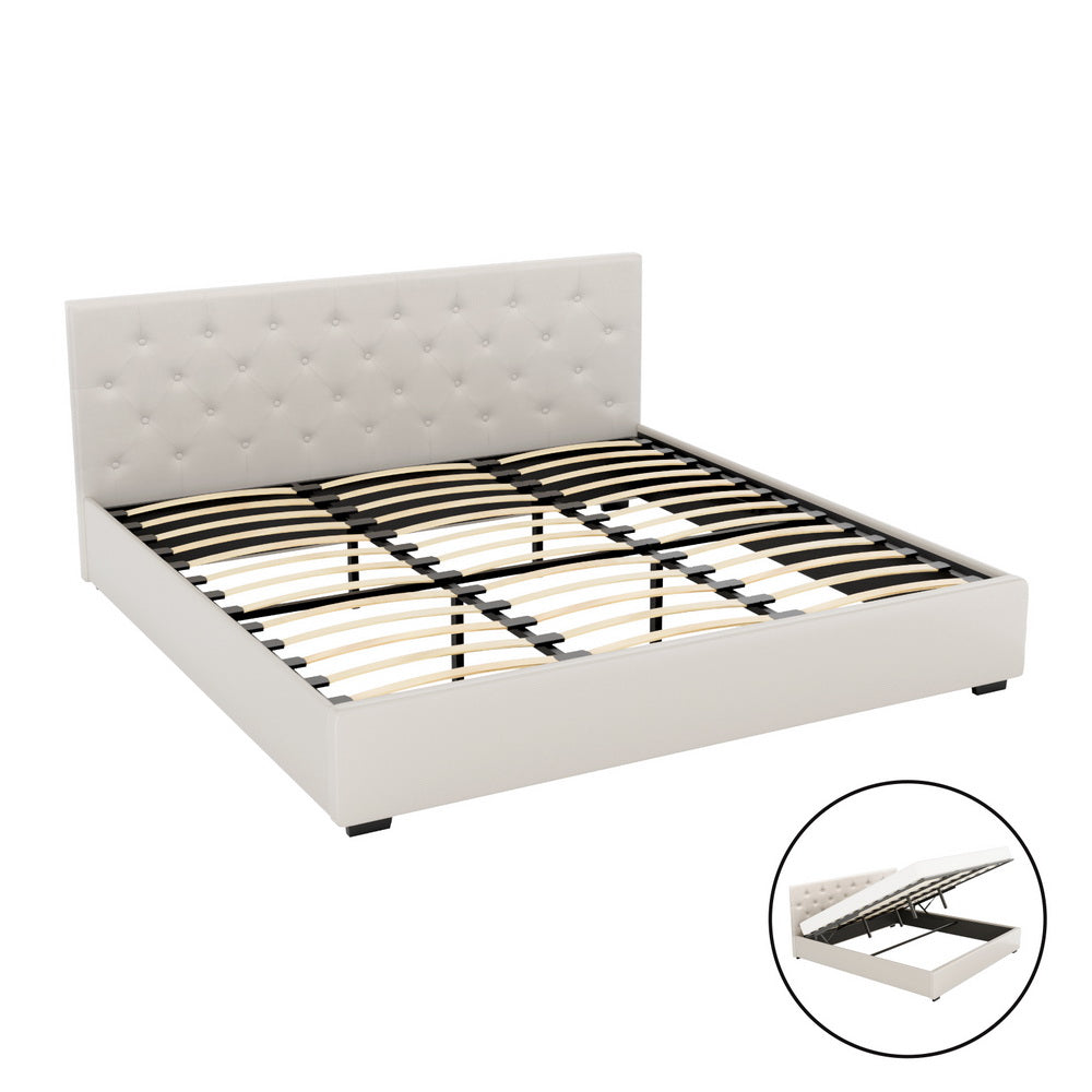 Vila Beige Faux Linen King Bed Frame – Scandi Tufted Headboard | Gas Lift Storage | Arched Slats | 300kg - Greenora Living