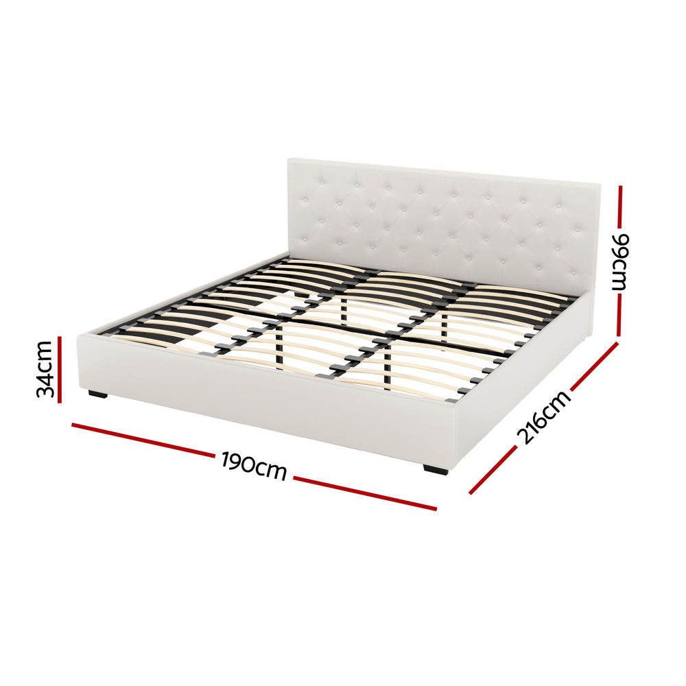 Vila Beige Faux Linen King Bed Frame – Scandi Tufted Headboard | Gas Lift Storage | Arched Slats | 300kg - Greenora Living