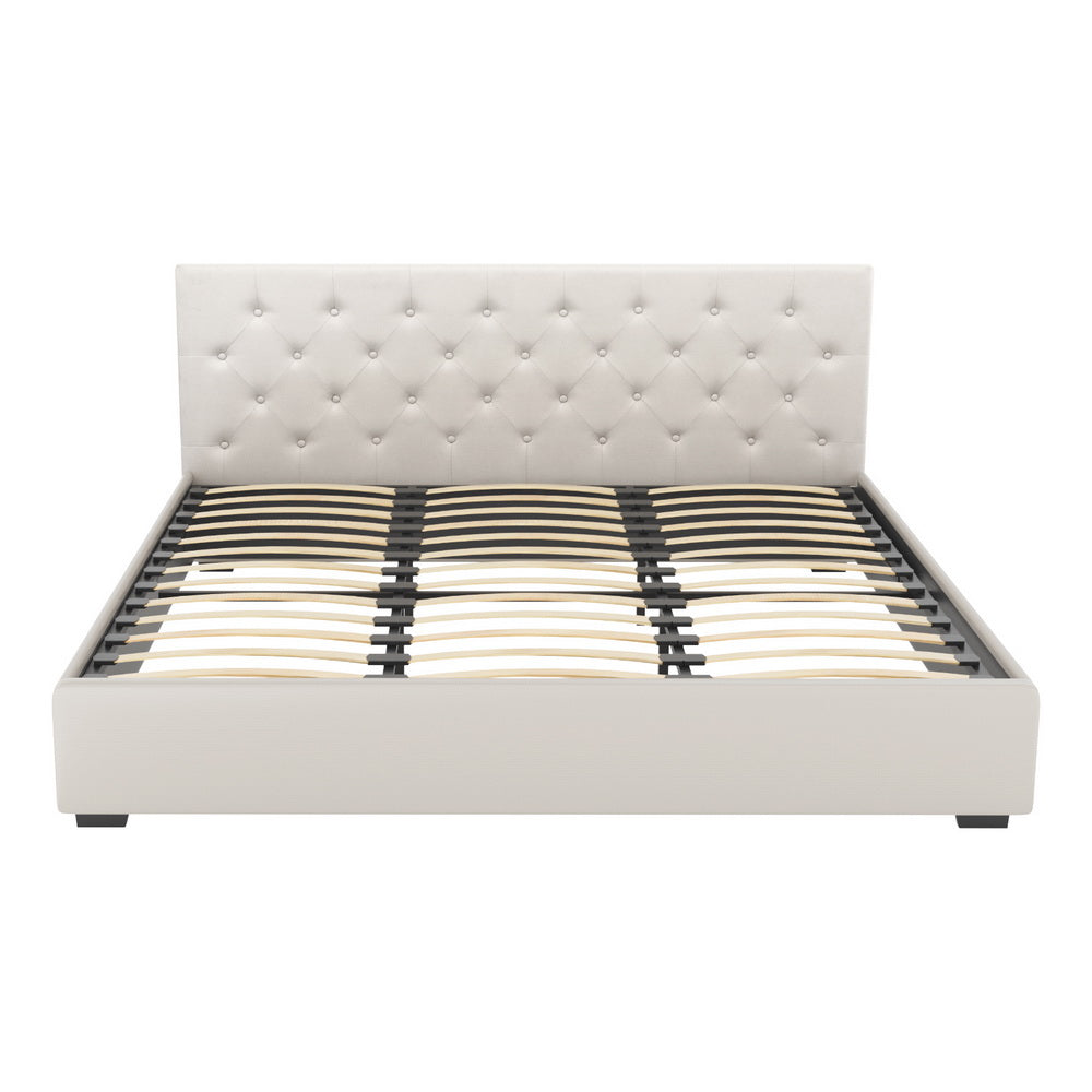 Vila Beige Faux Linen King Bed Frame – Scandi Tufted Headboard | Gas Lift Storage | Arched Slats | 300kg - Greenora Living