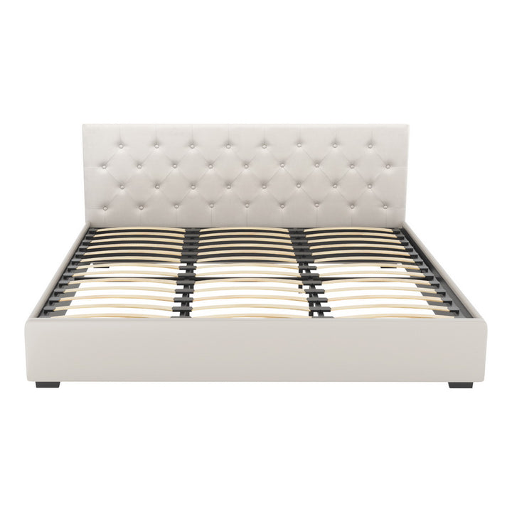 Vila Beige Faux Linen King Bed Frame – Scandi Tufted Headboard | Gas Lift Storage | Arched Slats | 300kg - Greenora Living