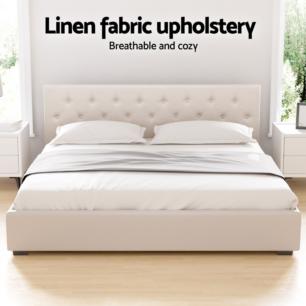 Vila Beige Faux Linen King Bed Frame – Scandi Tufted Headboard | Gas Lift Storage | Arched Slats | 300kg - Greenora Living