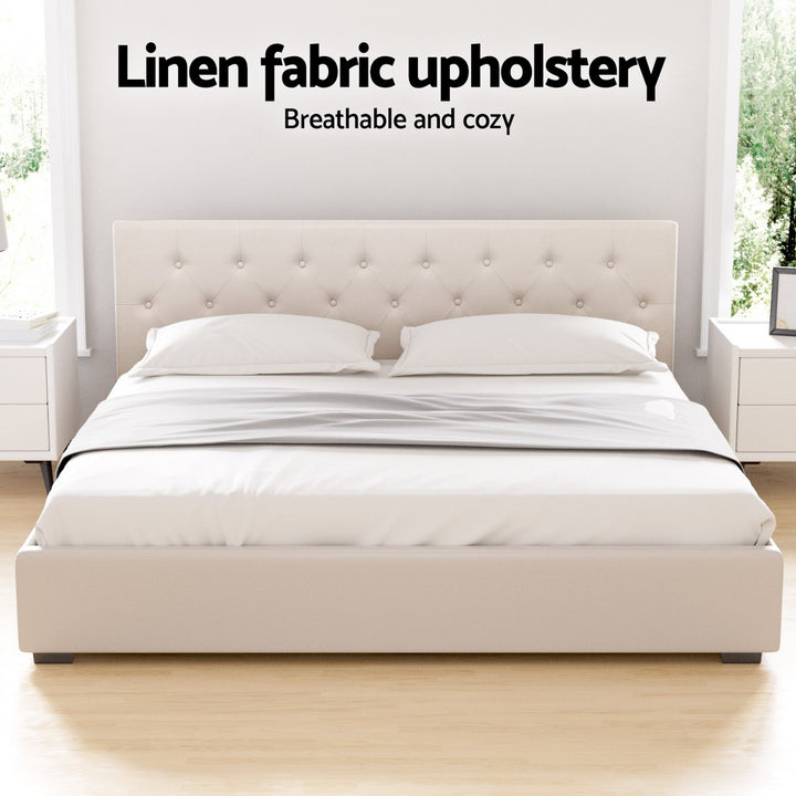 Vila Beige Faux Linen King Bed Frame – Scandi Tufted Headboard | Gas Lift Storage | Arched Slats | 300kg - Greenora Living