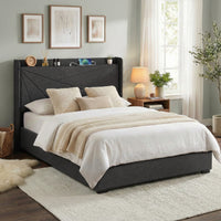 Morfei Charcoal Double Bed Frame | Geometric Headboard, Gas Lift Storage & USB Charging | Greenora Living Australia