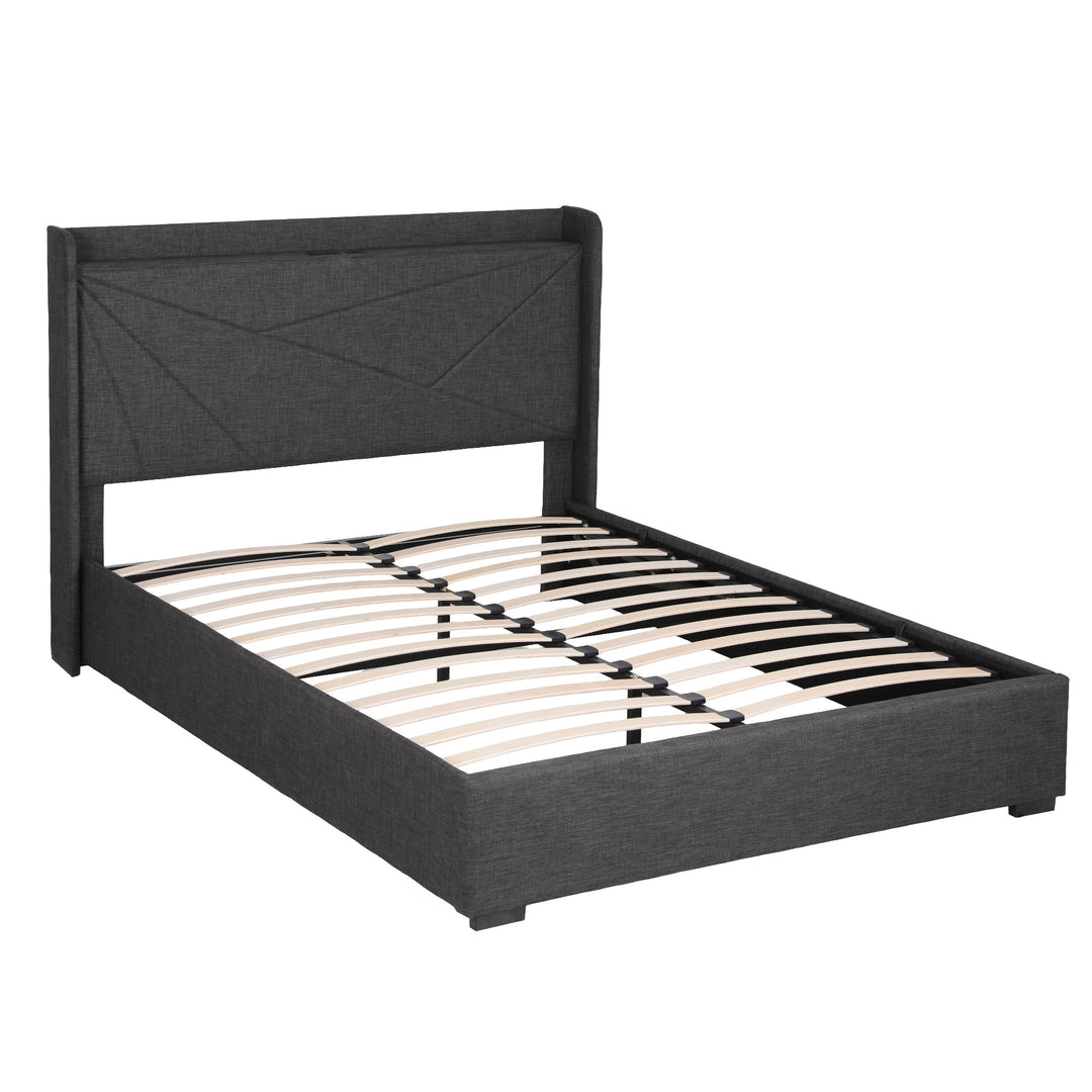 Morfei Charcoal Grey Geometric Double Bed Frame – Gas Lift Storage | Built-In USB Charging | SGS Certified | 300kg - Greenora Living