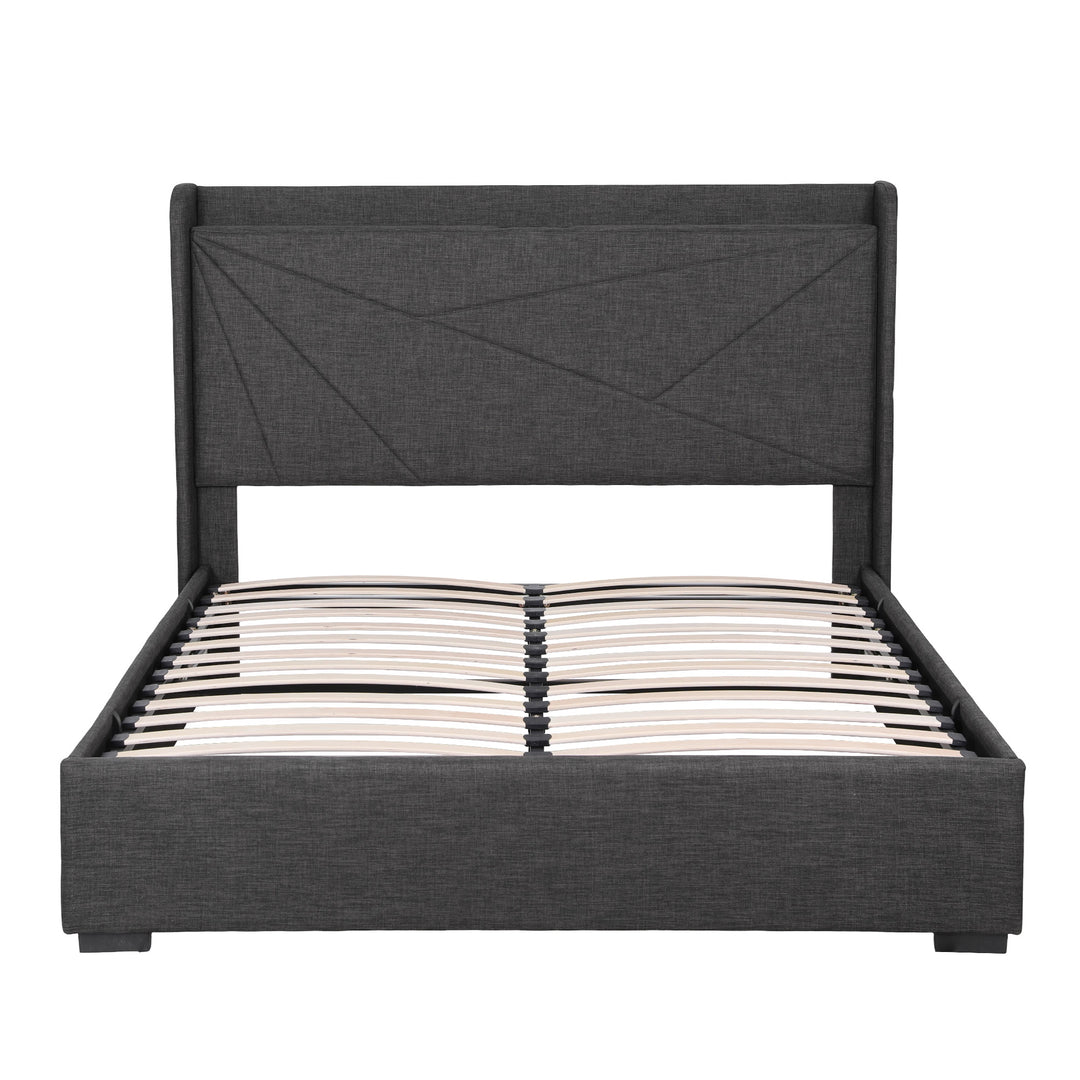 Morfei Charcoal Grey Geometric Double Bed Frame – Gas Lift Storage | Built-In USB Charging | SGS Certified | 300kg - Greenora Living
