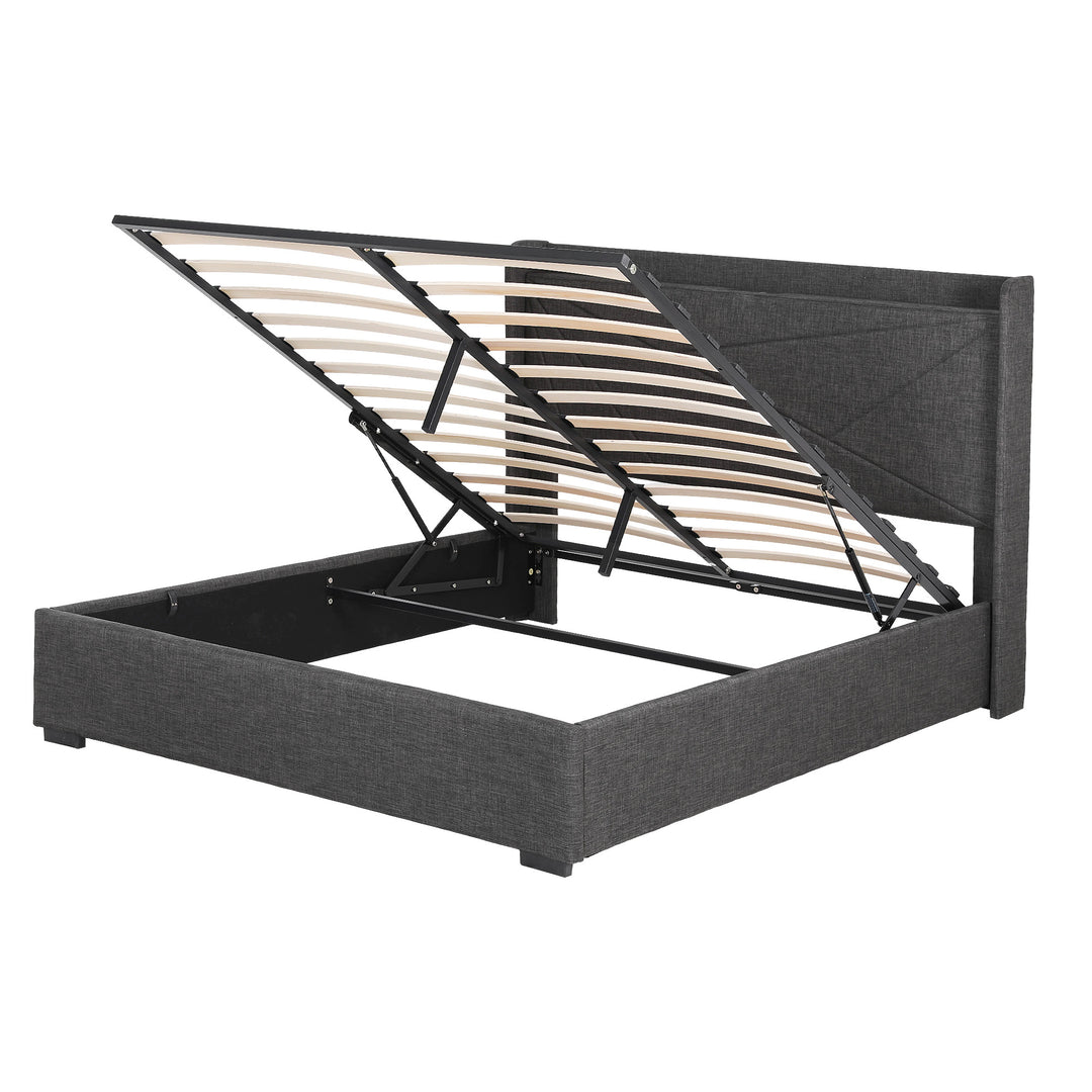 Morfei Charcoal Grey Geometric Double Bed Frame – Gas Lift Storage | Built-In USB Charging | SGS Certified | 300kg - Greenora Living