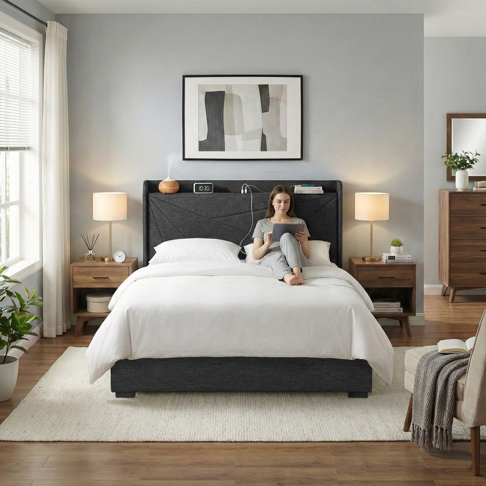 Morfei Charcoal Double Bed Frame | Geometric Headboard, Gas Lift Storage & USB Charging | Greenora Living Australia