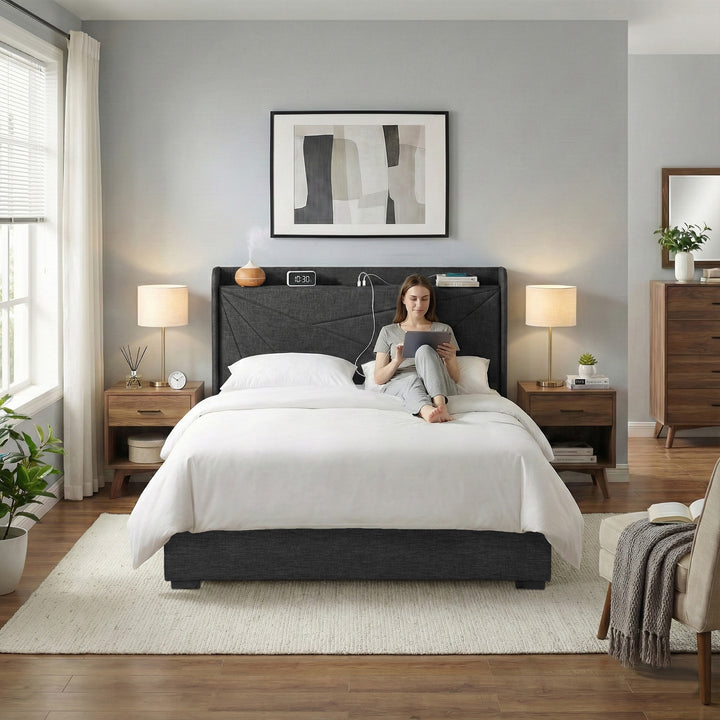 Morfei Charcoal Grey Geometric Double Bed Frame – Gas Lift Storage | Built-In USB Charging | SGS Certified | 300kg - Greenora Living