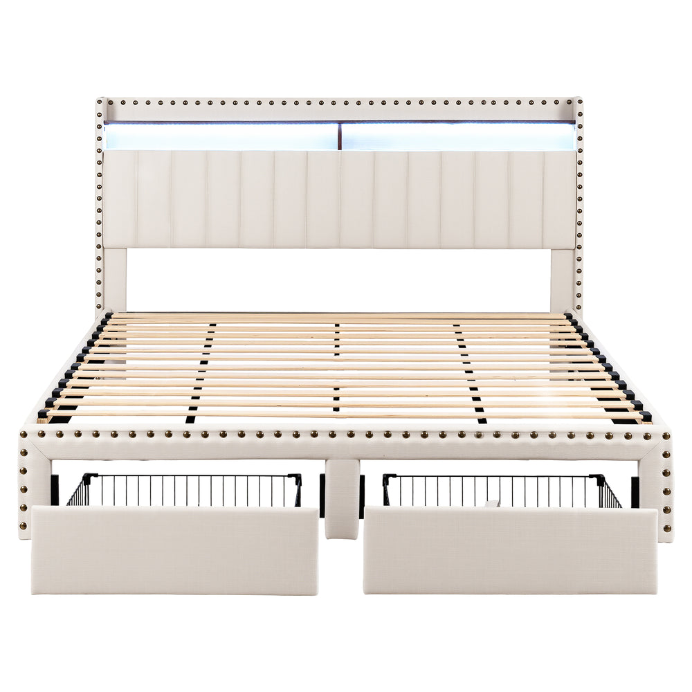 Nouveau King Bed Frame – Wingback Linen, Nailhead Trim, Mood Lighting & Charging Station - Greenora Living