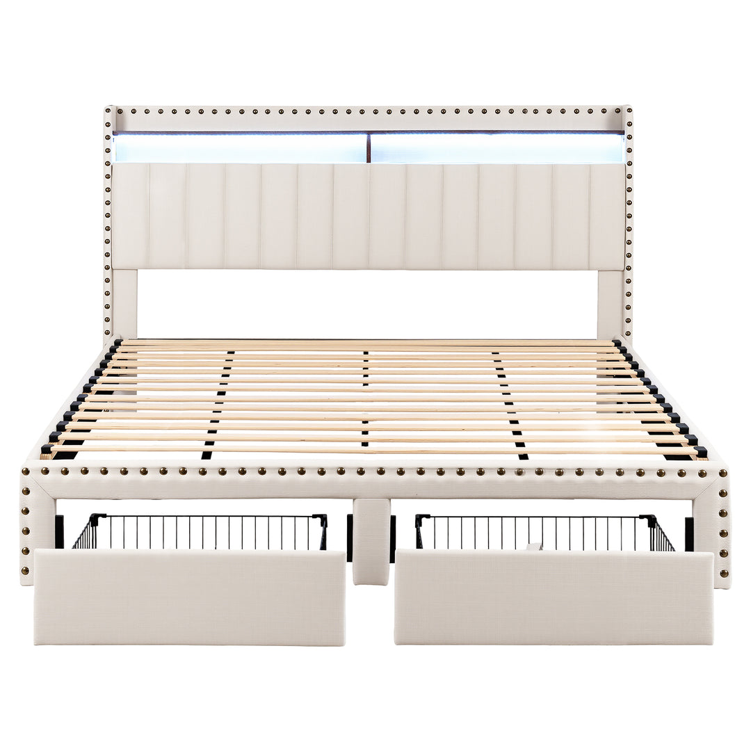 Nouveau King Bed Frame – Wingback Linen, Nailhead Trim, Mood Lighting &amp; Charging Station - Greenora Living