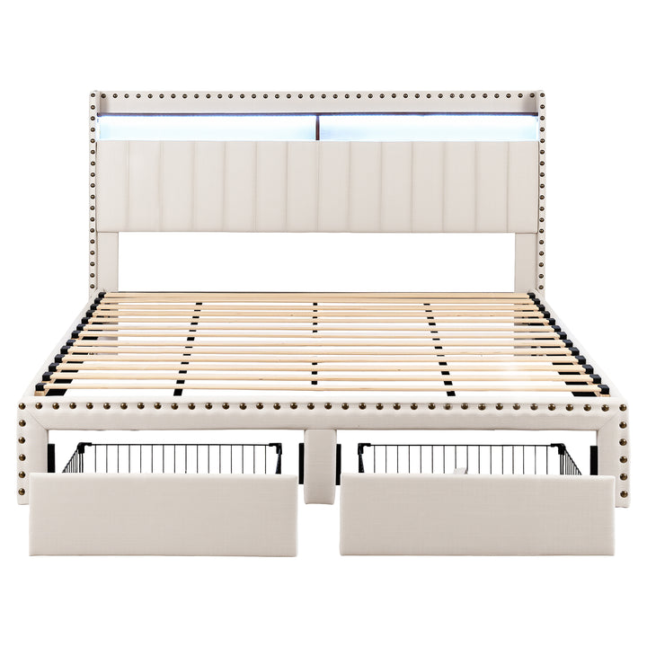 Nouveau King Bed Frame – Wingback Linen, Nailhead Trim, Mood Lighting &amp; Charging Station - Greenora Living