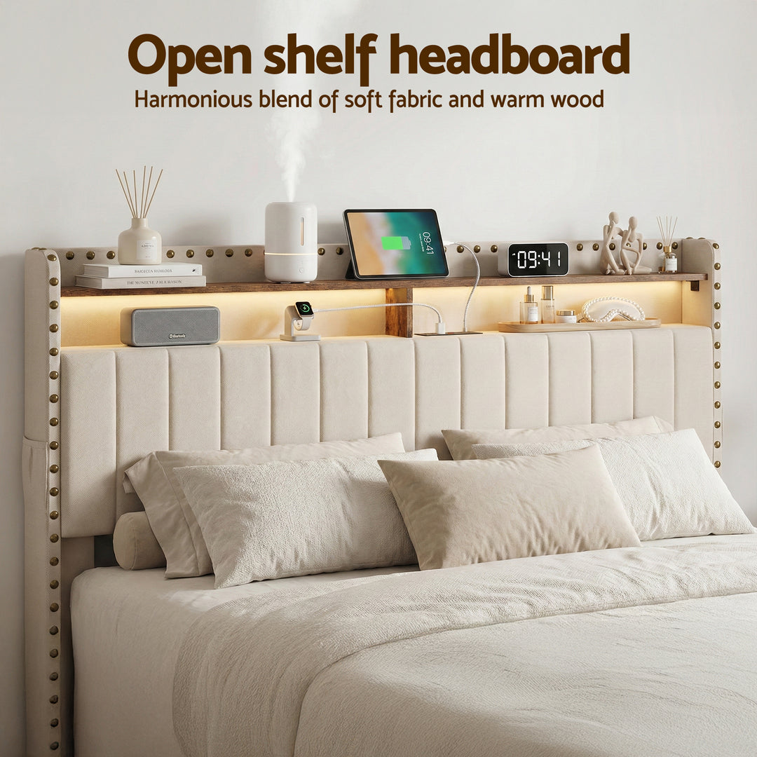 Nouveau King Bed Frame – Wingback Linen, Nailhead Trim, Mood Lighting &amp; Charging Station - Greenora Living