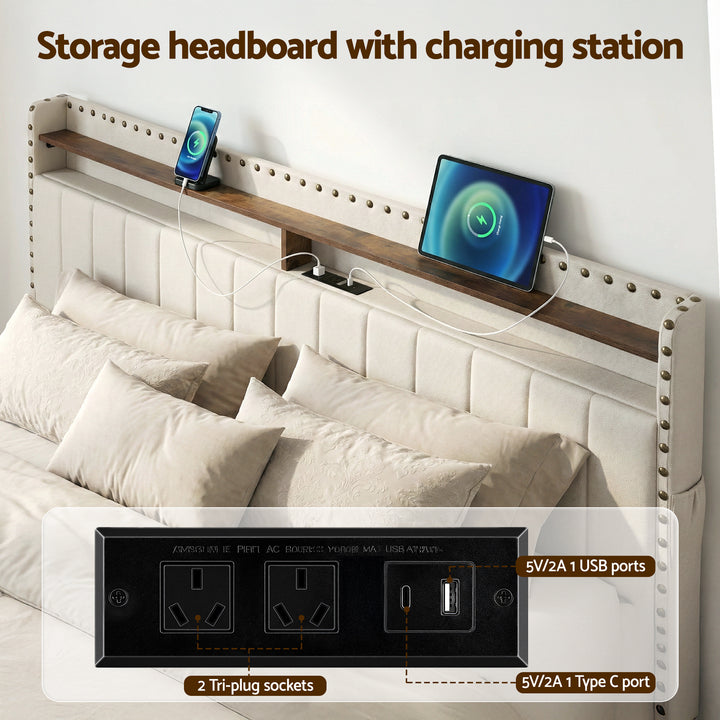 Nouveau King Bed Frame – Wingback Linen, Nailhead Trim, Mood Lighting &amp; Charging Station - Greenora Living