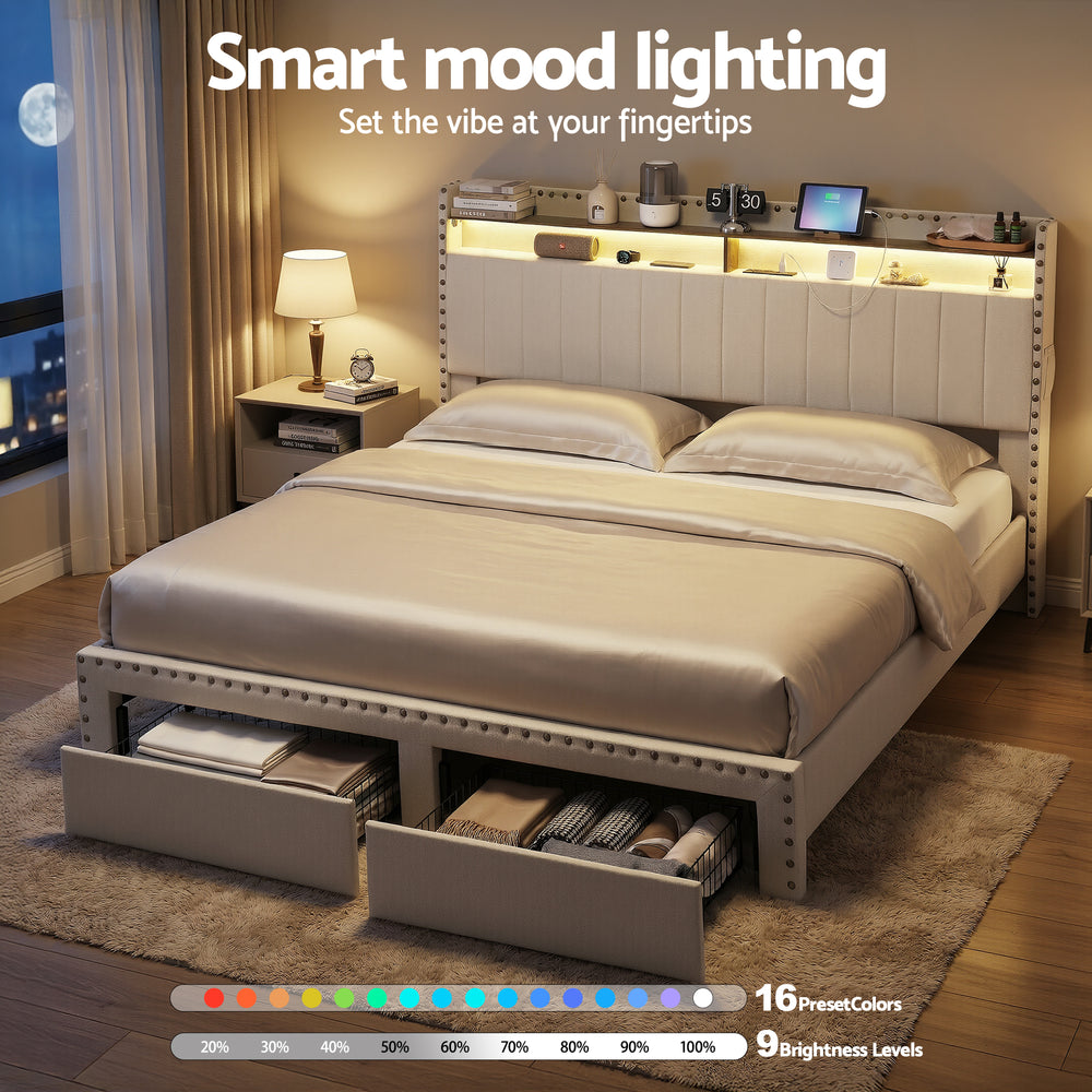 Nouveau King Bed Frame | Wingback Linen, Nailhead Trim & Built-In Charging | Greenora Living Australia