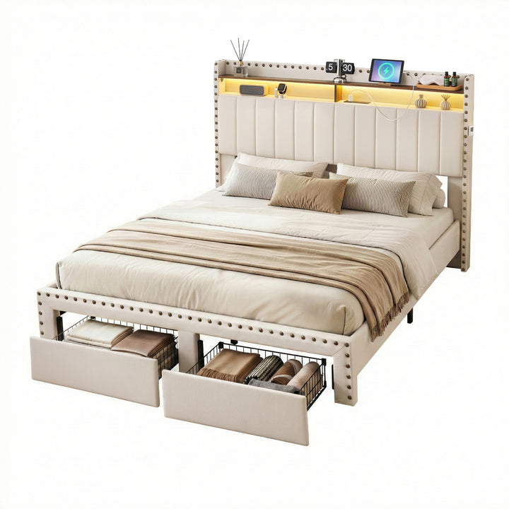 Nouveau King Bed Frame – Wingback Linen, Nailhead Trim, Mood Lighting &amp; Charging Station - Greenora Living