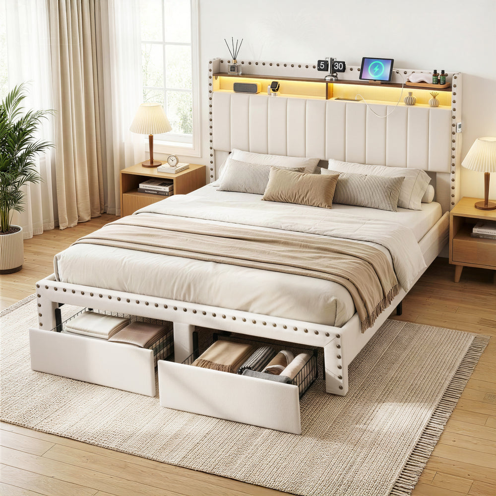 Queen Wingback Bed Frame – Linen Upholstery, Mood Lighting, Charging Station & Storage Drawer - Greenora Living