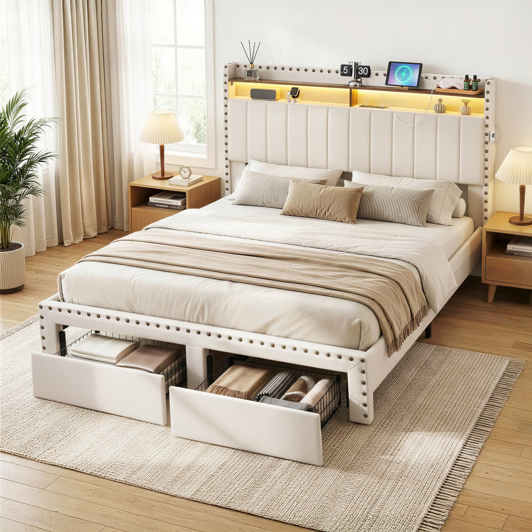 Queen Wingback Bed Frame – Linen Upholstery, Mood Lighting, Charging Station & Storage Drawer - Greenora Living