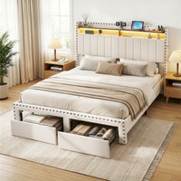 Queen Wingback Bed Frame – Linen Upholstery, Mood Lighting, Charging Station & Storage Drawer - Greenora Living