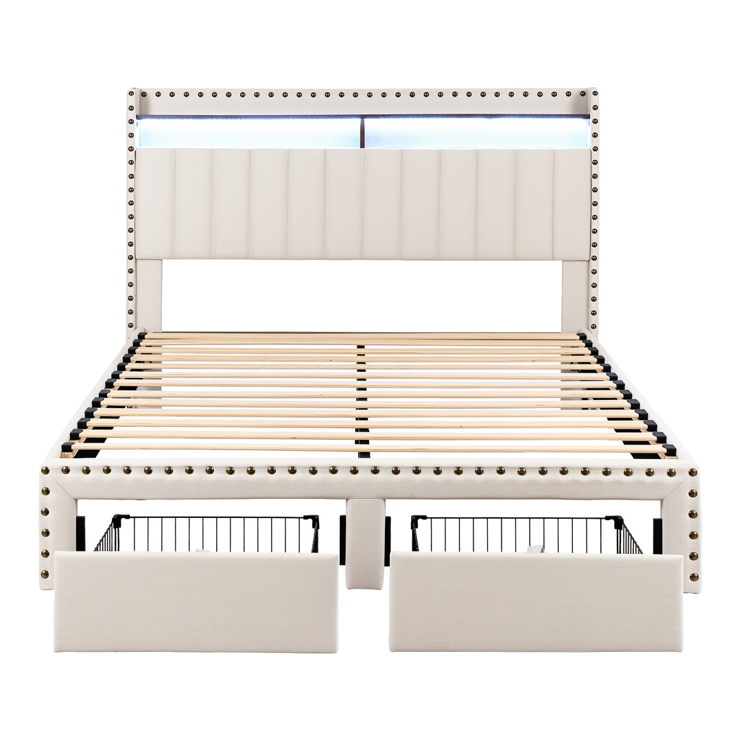 Queen Wingback Bed Frame – Linen Upholstery, Mood Lighting, Charging Station &amp; Storage Drawer - Greenora Living