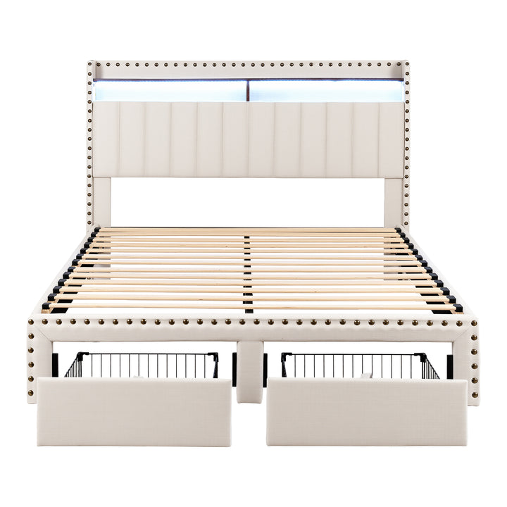 Queen Wingback Bed Frame – Linen Upholstery, Mood Lighting, Charging Station &amp; Storage Drawer - Greenora Living
