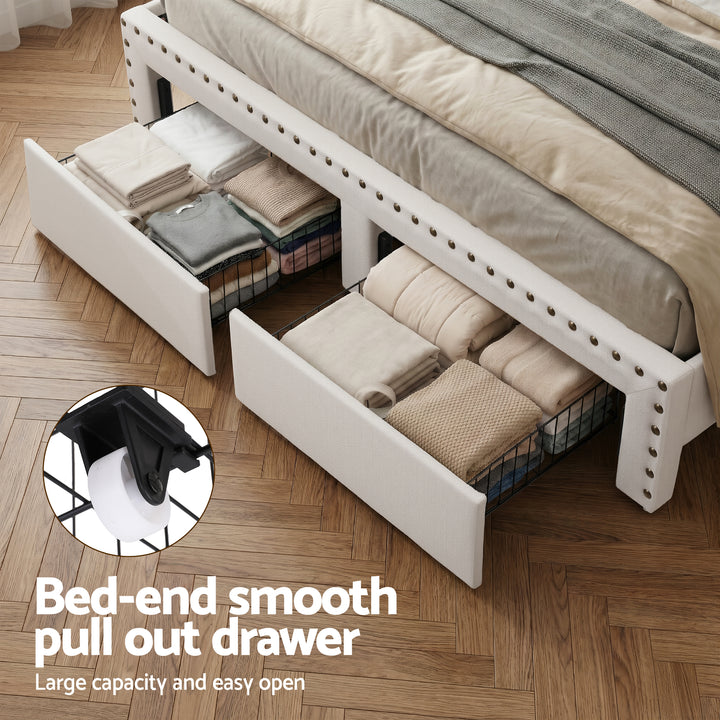 Queen Wingback Bed Frame – Linen Upholstery, Mood Lighting, Charging Station &amp; Storage Drawer - Greenora Living