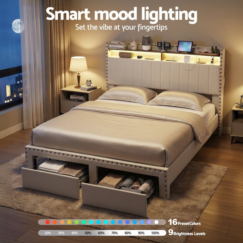 Queen Wingback Bed Frame – Linen Upholstery, Mood Lighting, Charging Station & Storage Drawer - Greenora Living