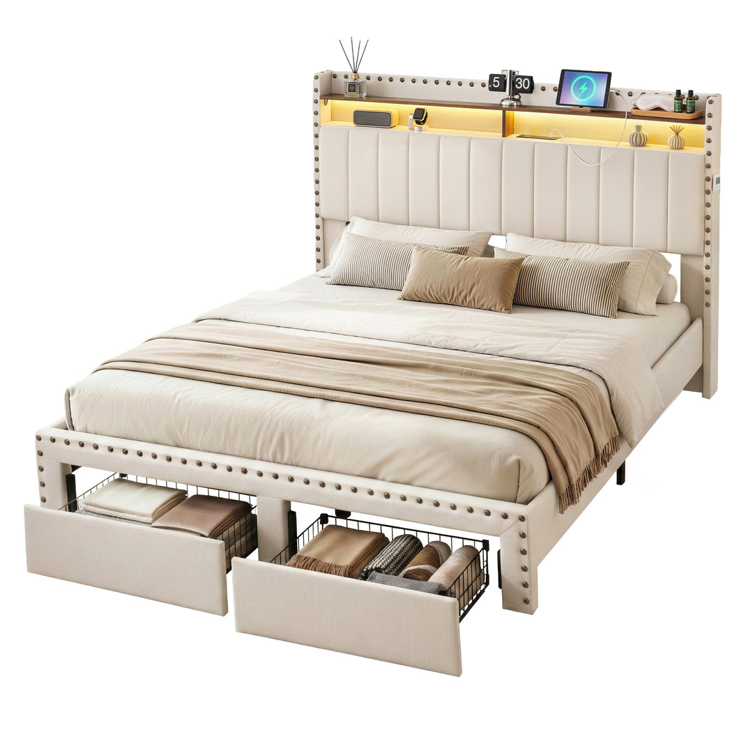 Queen Wingback Bed Frame – Linen Upholstery, Mood Lighting, Charging Station &amp; Storage Drawer - Greenora Living
