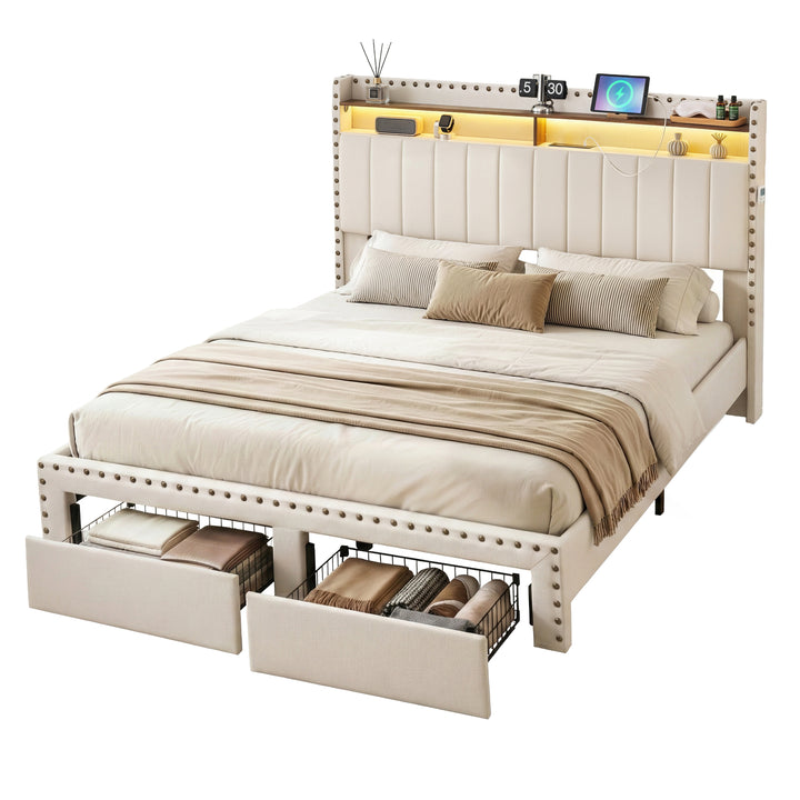 Queen Wingback Bed Frame – Linen Upholstery, Mood Lighting, Charging Station &amp; Storage Drawer - Greenora Living