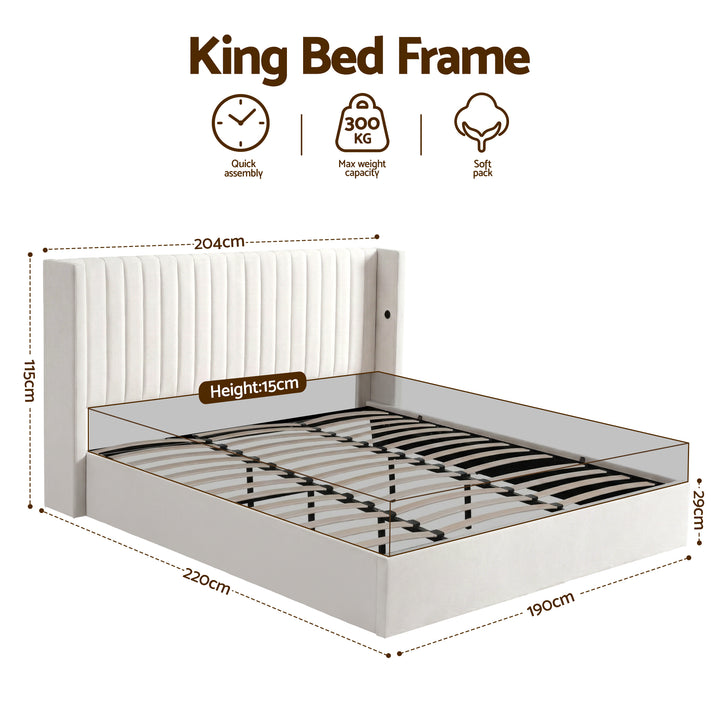 Celeste King Bed Frame – Gas Lift Storage &amp; USB &amp; Type-C Charging