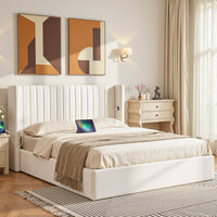 Celeste Queen Bed Frame | Gas Lift Storage, USB Type-C Charging, White Velvet Geometric Headboard | Greenora Living Australia