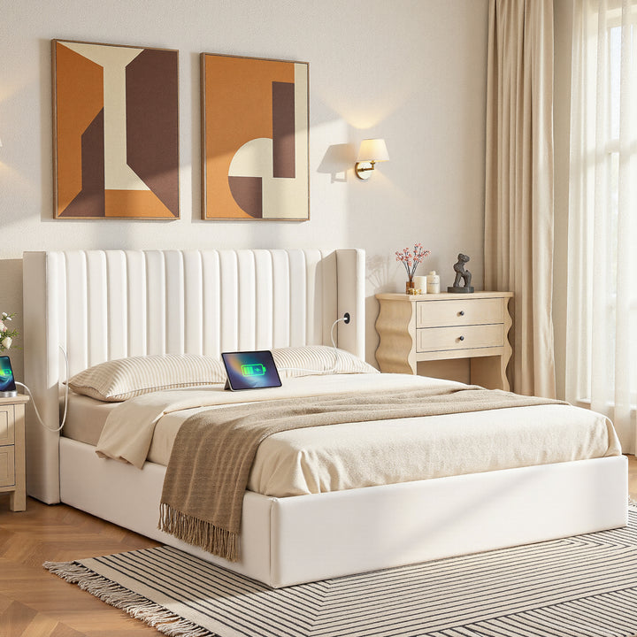 Celeste Queen Bed Frame | Gas Lift Storage, USB Type-C Charging, White Velvet Geometric Headboard | Greenora Living Australia
