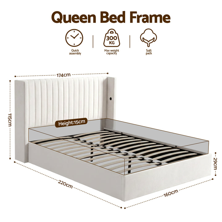 Celeste Queen Bed Frame | Gas Lift Storage, USB Type-C Charging, White Velvet Geometric Headboard | Greenora Living Australia