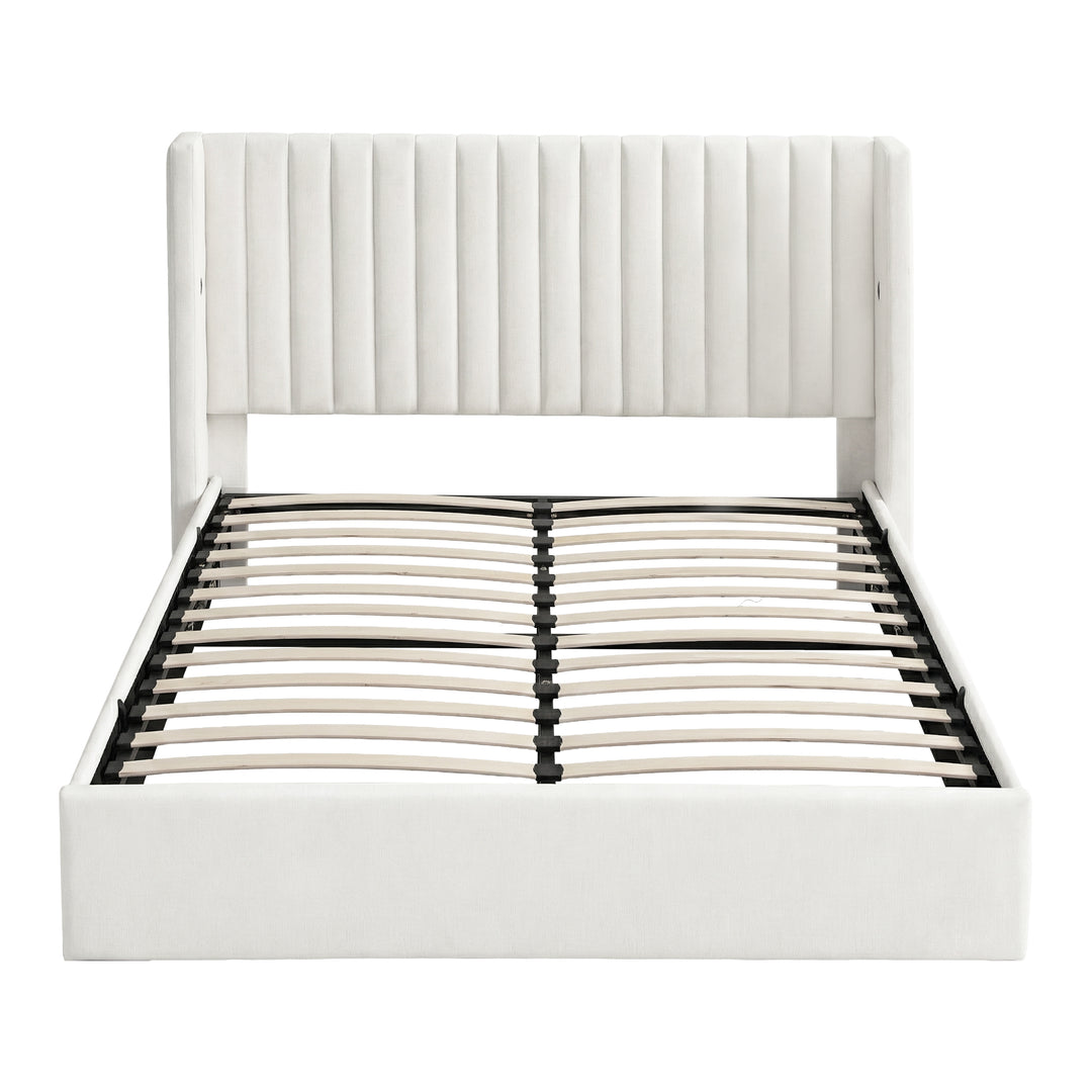 Celeste Queen Bed Frame | Gas Lift Storage, USB Type-C Charging, White Velvet Geometric Headboard | Greenora Living Australia