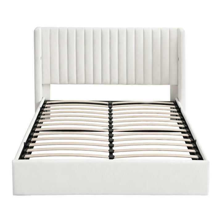 Celeste Queen Bed Frame | Gas Lift Storage, USB Type-C Charging, White Velvet Geometric Headboard | Greenora Living Australia